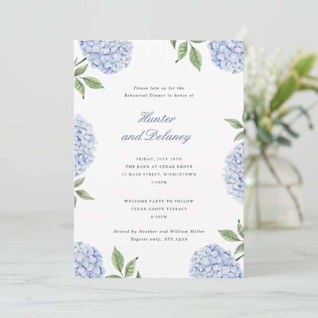 Invitación Rehearsal Dinner Classic Blue Hydrangea Flower (Anverso de pie)