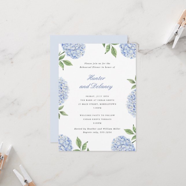 Invitación Rehearsal Dinner Classic Blue Hydrangea Flower, SM (Anverso/Reverso In Situ)