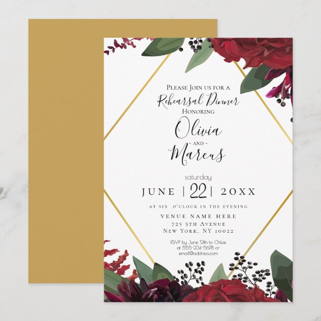 Invitación REHEARSAL | Elegante Floral Borgoña Marsala rica (Anverso / Reverso)