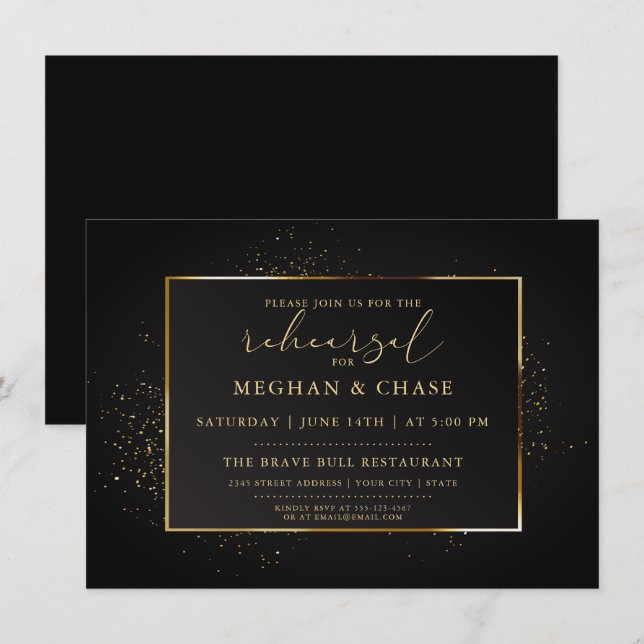 Invitación REHEARSAL | Elegante Purpurina negro y oro (Anverso / Reverso)
