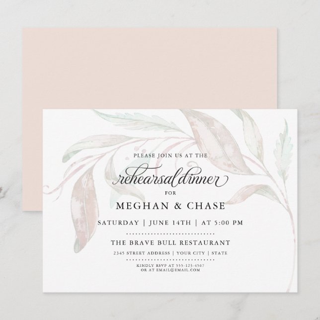 Invitación REHEARSAL | Foliage de color de agua pálido (Anverso / Reverso)