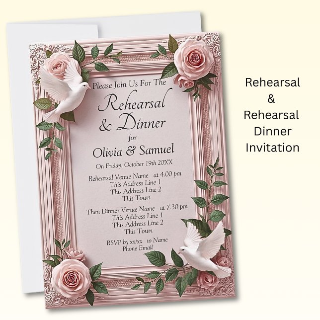 Invitación Rehearsal Invitation Card Pink Roses & Doves (Subido por el creador)