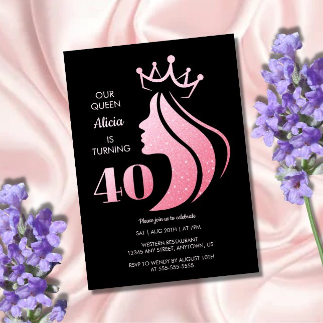 Invitación Reina corona Purpurina rosa negro 40 cumpleaños (Subido por el creador)