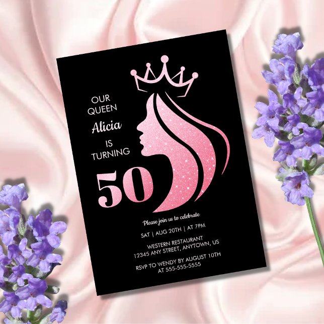 Invitación Reina corona Purpurina rosa negro 50 cumpleaños (Subido por el creador)