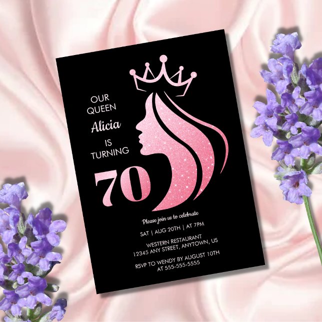 Invitación Reina Corona Purpurina Rosa Negro 70 cumpleaños (Subido por el creador)