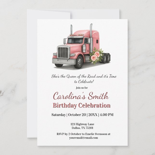 Invitación Reina de la carretera Cumpleaños camionera (Anverso)