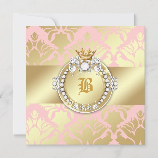 Invitación Reina de oro Baby Shower del reflejo del damasco (Anverso)