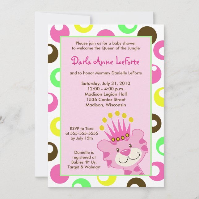 Invitación Reina de tigre rosa de la selva 5x7 Baby Shower (Anverso)