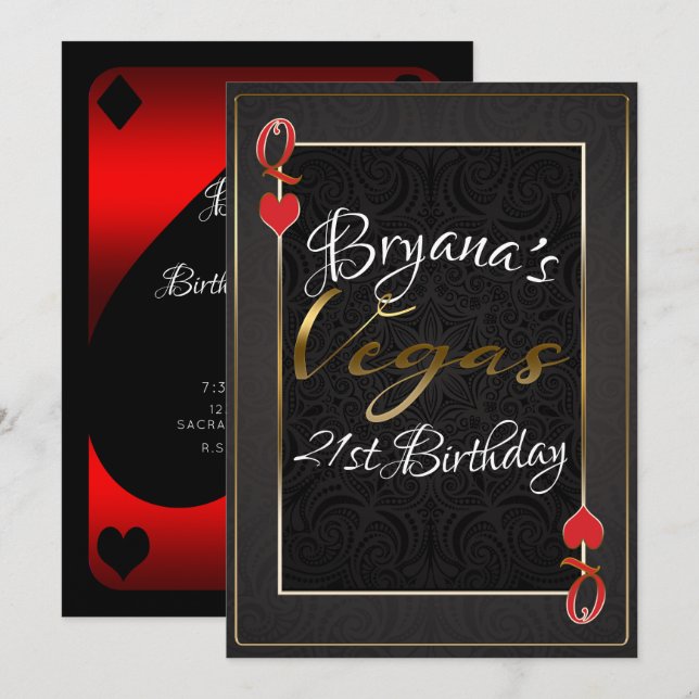 Invitación Reina Negra Roja de Corazones Vegas Cumpleaños 21 (Anverso / Reverso)