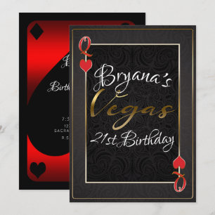Invitación Reina Negra Rojo de Corazones Vegas Cumpleaños 21