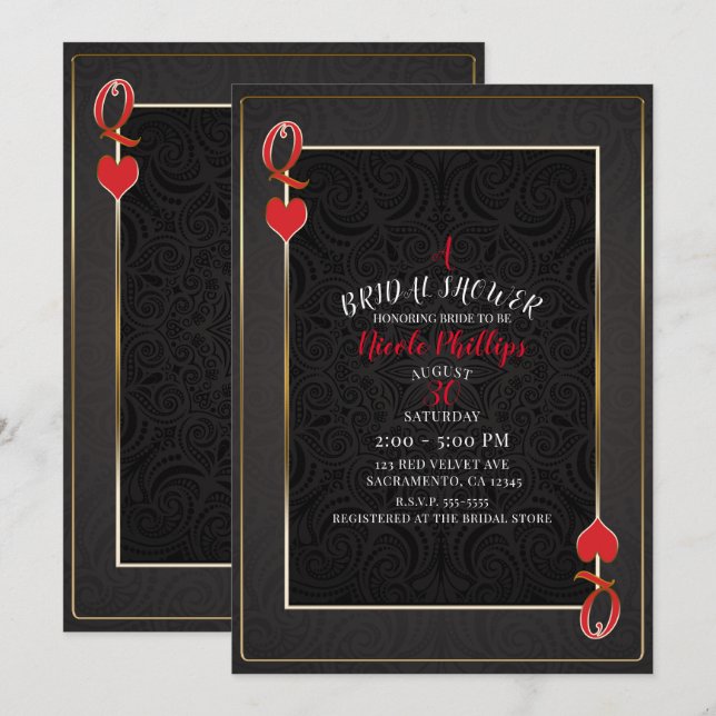 Invitación Reina negra y roja de corazones ducha de novias (Anverso / Reverso)