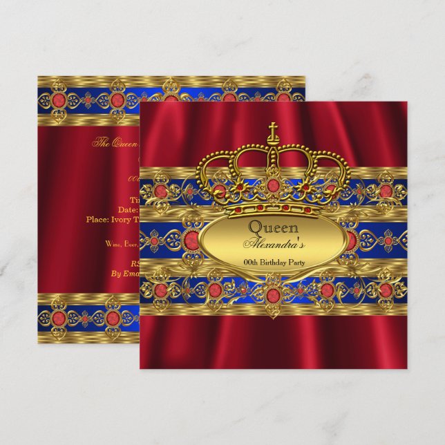 Invitación Reina Rey Príncipe Real Azul Regina Corona Roja (Anverso / Reverso)