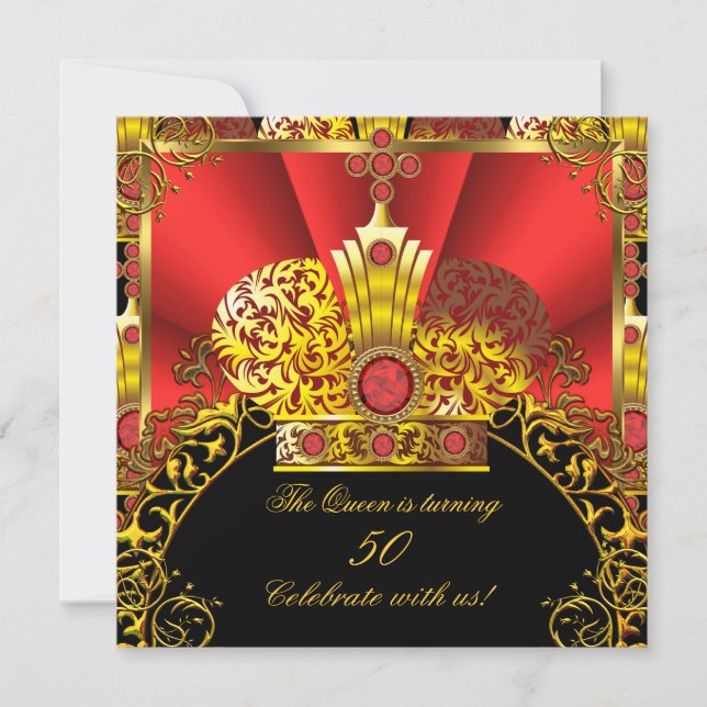 Invitación Reina Rey Regio Rojo Oro Cumpleaños Fiesta Real (Anverso)