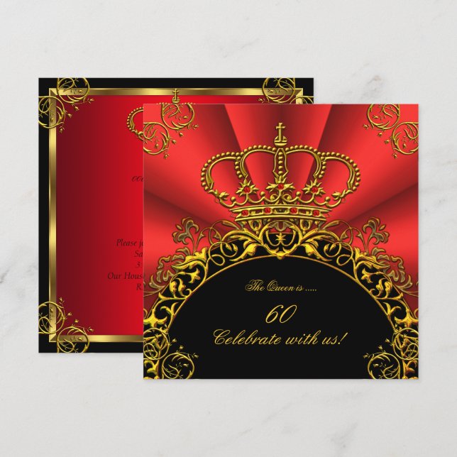 Invitación Reina Rey Regio Rojo Oro Real Fiesta de Cumpleaños (Anverso / Reverso)