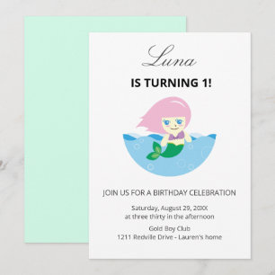 Invitación Reina Sirena Adorable Bajo el mar 1er Cumpleaños 