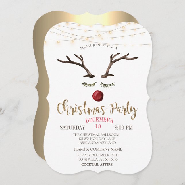 Invitación Reindeer Face,String Lights Gold Navidad Company (Anverso / Reverso)