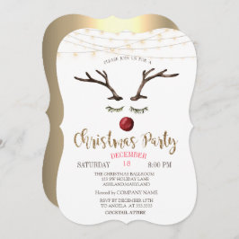 Invitación Reindeer Face,String Lights Gold Navidad Company