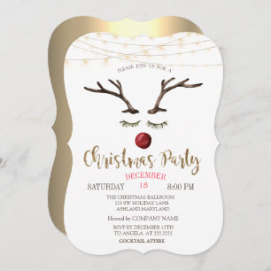 Invitación Reindeer Face,String Lights Gold Navidad Company
