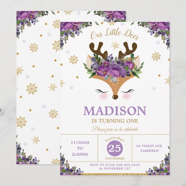 Invitación Reindeer Purple Floral Snowflakes Birthday Party (Anverso / Reverso)