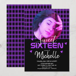 Invitación Rejilla de fotos Sweet Sixteen Morado Neón