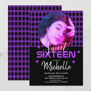 Invitación Rejilla de fotos Sweet Sixteen Morado Neón