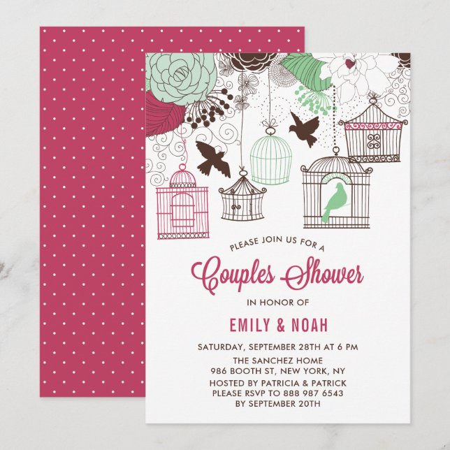 Invitación Rejillas De Aves Rojas Y Verdes Ducha De Parejas F (Anverso / Reverso)