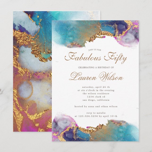 Invitación Relieve metalizado acuarela oro faux fabuloso cump (Anverso / Reverso)