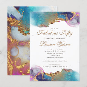 Invitación Relieve metalizado acuarela oro faux fabuloso cump