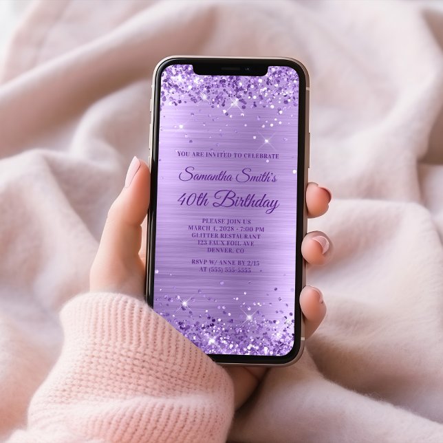 Invitación Relieve metalizado Amethyst Purpurina Royal Purple (Royal Purple Glitter Amethyst Foil 40th Birthday Invitation)