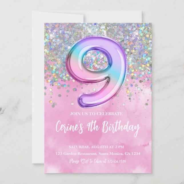 Invitación Relieve metalizado arcoiris Chica nueve cumpleaños (Anverso)