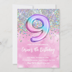 Invitación Relieve metalizado arcoiris Chica nueve cumpleaños