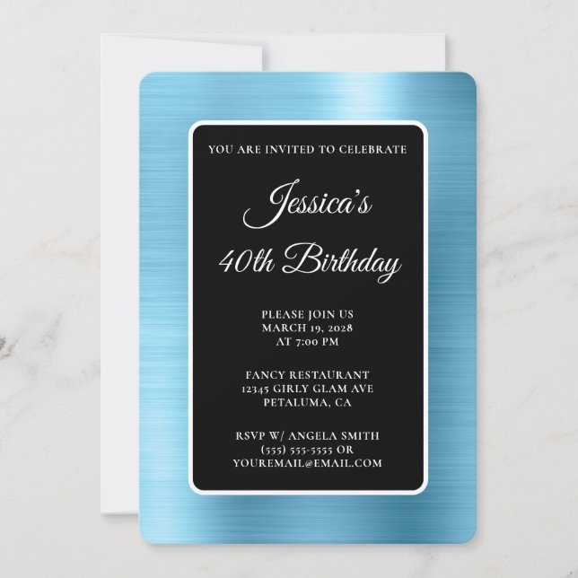 Invitación Relieve metalizado azul claro Negro y Blanco 40 cu (Anverso)
