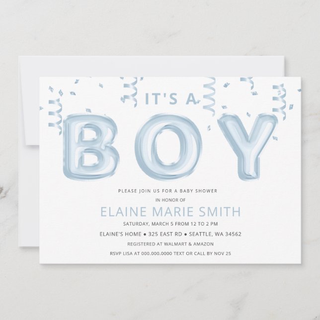 Invitación Relieve metalizado azul globos Confetti Boy Baby S (Anverso)