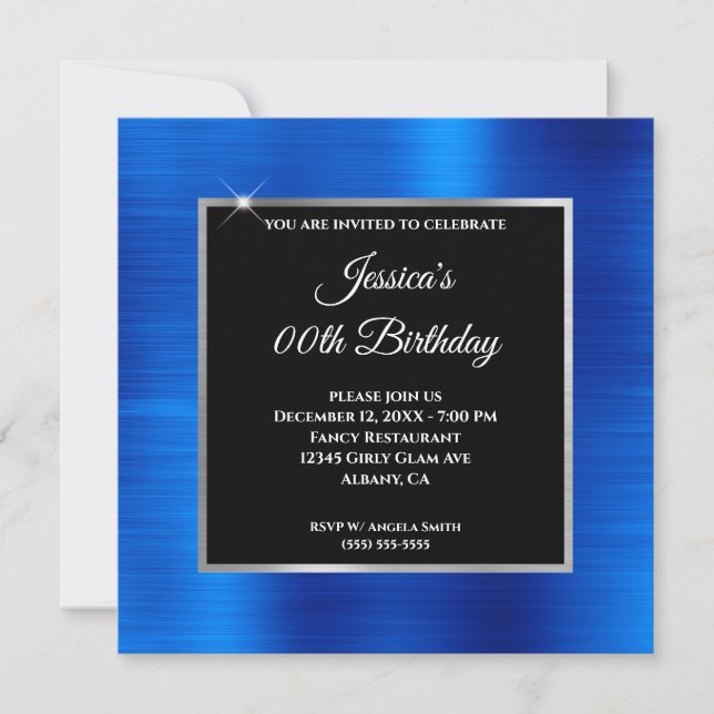 Invitación Relieve metalizado azul real Glam Plata Dorado Neg (Anverso)