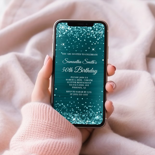 Invitación Relieve metalizado azul Verde azulado Purpurinoso  (Glittery Teal Blue Foil 50th Birthday Invitation)