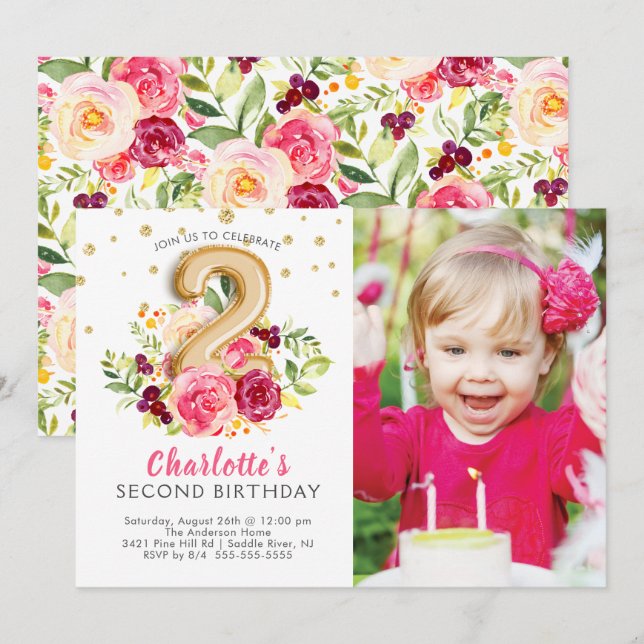 Invitación Relieve metalizado Balloon Photo 2nd Birthday Invi (Anverso / Reverso)