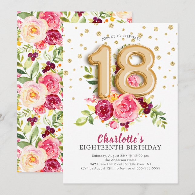 Invitación Relieve metalizado Balón Floral 18 cumpleaños invi (Anverso / Reverso)