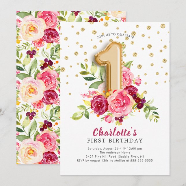 Invitación Relieve metalizado Balón Floral 1er cumpleaños Inv (Anverso / Reverso)