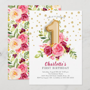 Invitación Relieve metalizado Balón Floral 1er cumpleaños Inv