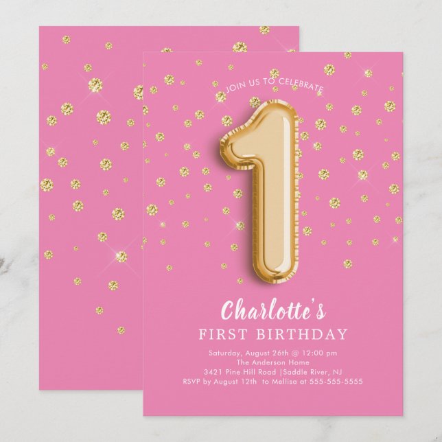 Invitación Relieve metalizado Balón Floral 1er cumpleaños Inv (Anverso / Reverso)