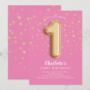 Invitación Relieve metalizado Balón Floral 1er cumpleaños Inv