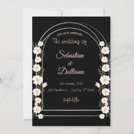 Invitación Relieve metalizado Boda floral de color blanco y n