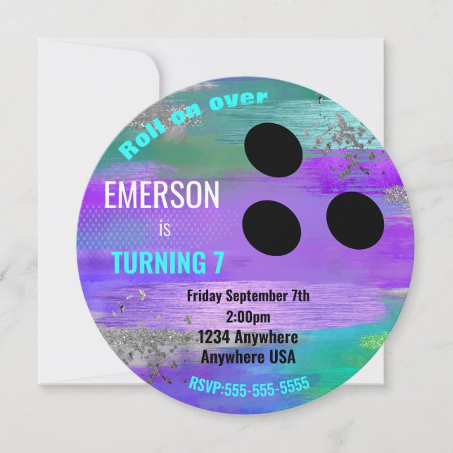 Invitación RELIEVE METALIZADO BOLLING BALL, boliche, purpurin (Anverso)