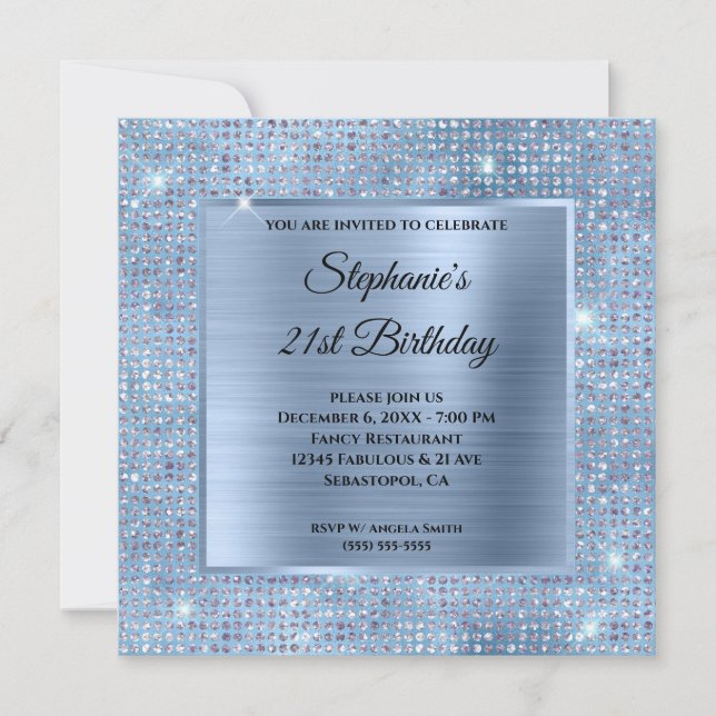 Invitación Relieve metalizado con estampado de diamante azul  (Anverso)
