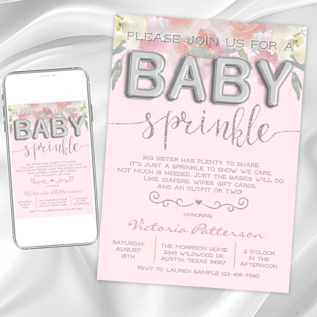 Invitación Relieve metalizado de acuarela de chica Sprinkle B (Pretty pink sprinkle baby shower invitation. Instant download and printed invitations available.)