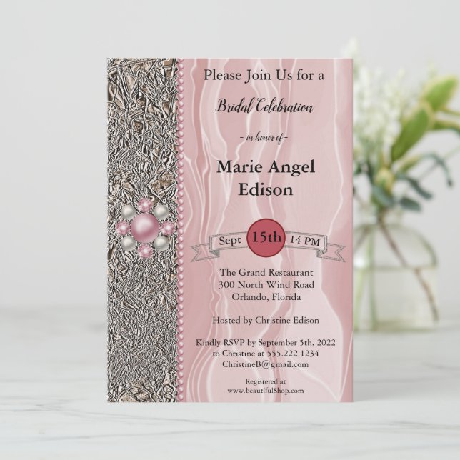 Invitación Relieve metalizado de celebración de novias y seda (Anverso de pie)