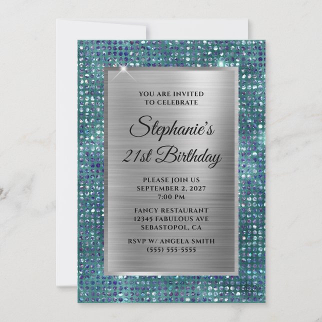 Invitación Relieve metalizado de Glam de Diamante Verde azula (Anverso)