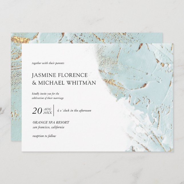 Invitación Relieve metalizado de imitación de oro azul textur (Anverso / Reverso)