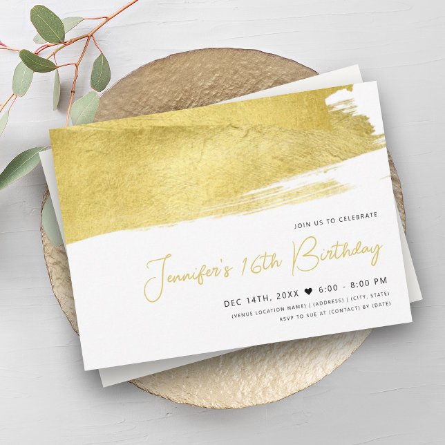 Invitación Relieve metalizado de imitación de oro moderno Pai (Modern Gold Faux Foil Paint Sweet 16 Invitation)