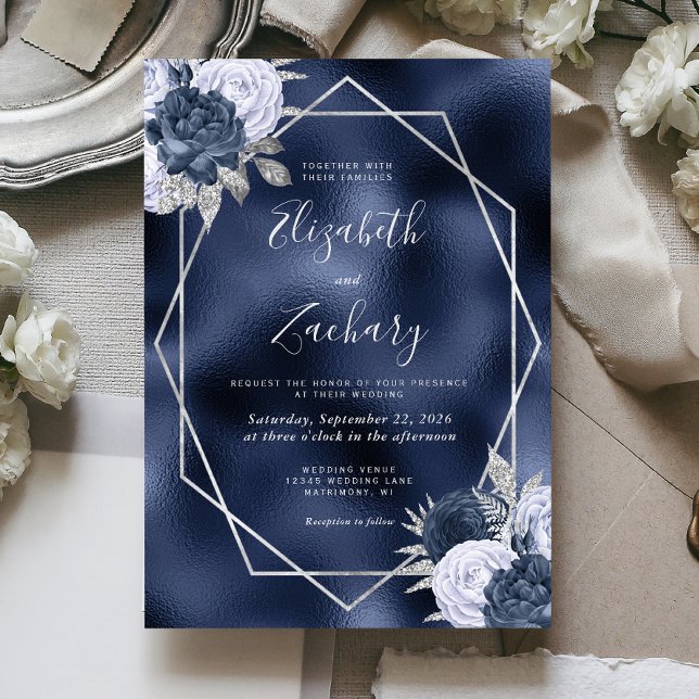 Invitación Relieve metalizado de la marina Dusty Blue Silver  (Subido por el creador)